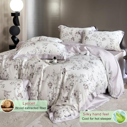 VM VOUGEMARKET Lyocell Duvet Cover King with 2 Pillow Shams,Vintage Garden Flower Bedding Set,Silky Soft, Cool-to-The-Touch Comforter Cover for Hot Sleeper-King,Purplish Grey
