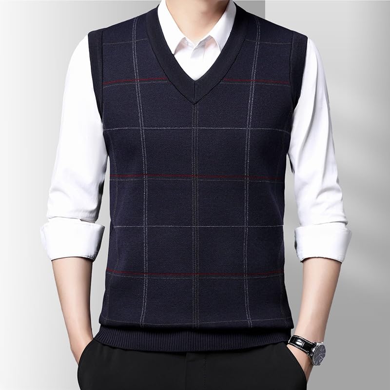 Men'S Plaid V-Neck Knit Vest,Business Sleeveless Waistcoat,Middle-Age Casual Sweater4