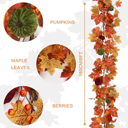Image of RoseCraft Fall Garland, 6FT Autumn Maple Leaf Velvet Pumpkin /Berry Garland Fall Decor, for Home Harvest Thanksgiving Fireplace Front Door Indoor Outdoor Holiday Party Decorations.