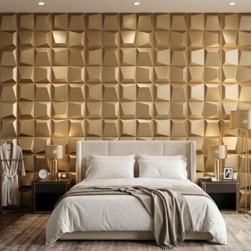 Image of Kayra Decor 3D PVC Wall Panels for Bedroom & Living Room | Cube Design | Champagne Gold Color|19.7 x 19.7 Inch | Pack of 12 | 32.28 Sq Ft