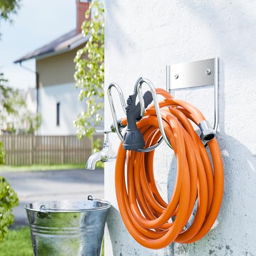 Image of Stainless Steel Garden Hose Holder - Extra Large Heavy Duty Silver SS304 Wall Mounted Hanger for Water Hose, Extension Cords, Vacuum Lines, Anti-Rust
