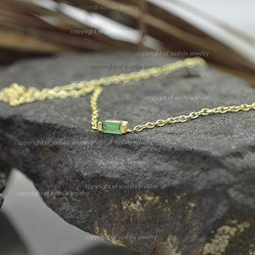 Green Emerald Baguette Necklace in 14k Solid Yellow Gold Jewelry