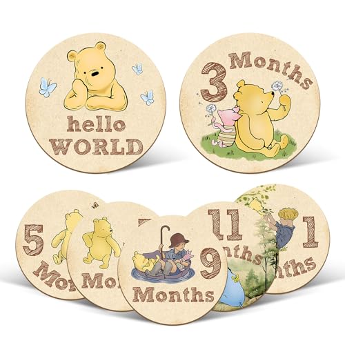 Image of 7 Pcs Winnie Baby Monthly Milestone Markers, Winnie Double Sided Winnie Baby Months Wooden Signs with Storage Bag, Winnie Baby Monthly Announcement Wooden Discs, Winnie Milestone Pictures of Newborn