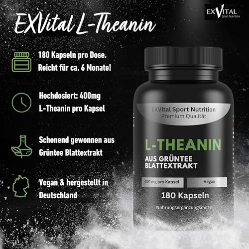 EXVital® L-Theanin, 180 vegane Kapseln, 400 mg L-Theanin pro Kapsel, aus Grüntee Blattextrakt, L-Theanine Aminosäure, vegan & ohne Zusätze, laborgeprüft