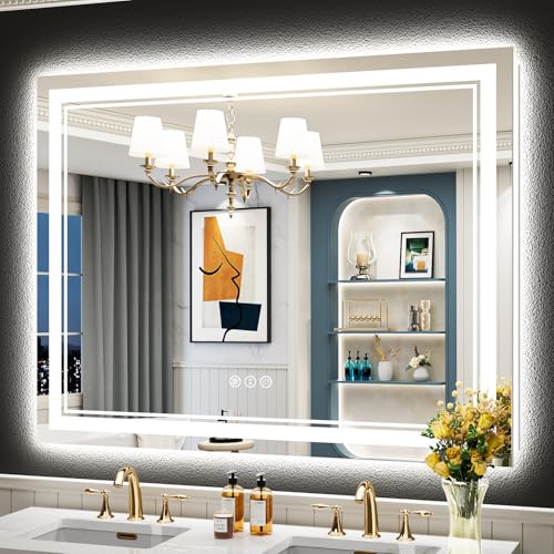 Image of 50x40 LED Bathroom Mirror with Lights, Backlit and Front Lit Anti-Fog Lighted Vanity Mirrors for Bathroom Wall, Dimmable, 3-Color Light, Memory, Shatter-Proof, HD Tempered Glass, CRI>90