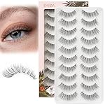 EMEDA False Eyelashes Natural Lashes Wispy 0.01mm Ultra Thin Band 12mm Pestañas Postizas Naturales Cat Eye 10 Pairs Invisible Clear Band 3D Demi Wispies Short Fake Eye Lashes Strips Handmade (005)