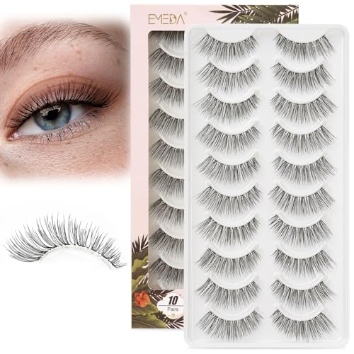 EMEDA False Eyelashes Natural Lashes Wispy 0.01mm Ultra Thin Band 12mm Pestañas Postizas Naturales Cat Eye 10 Pairs Invisible Clear Band 3D Demi Wispies Short Fake Eye Lashes Strips Handmade (005)