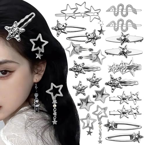 22 Pcs Silver Hair Clips Metal Star Barrettes 13 Shapes Hairpin Barrettes Goth Hair Pins Set Punk 2000s Hair Accessories for Women and Girls Styling Star Hairpin (22 PCS)