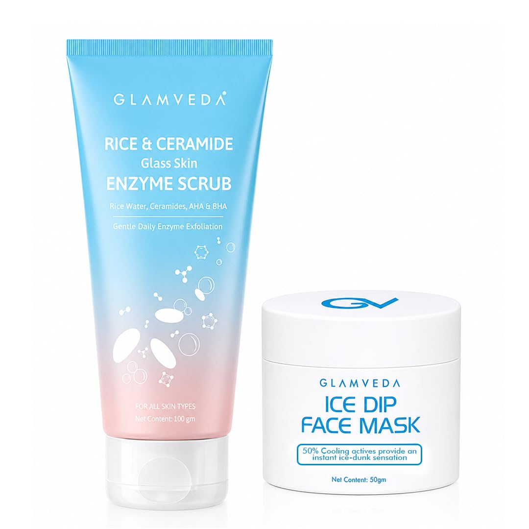 Glamveda Cooling & Glow Duo | Rice & Ceramide Enzyme Scrub + Ice Dip Cooling Face Mask | Exfoliate, Cool & Refresh | Korean Glass Skin Inspired Skincare Routine-image-29