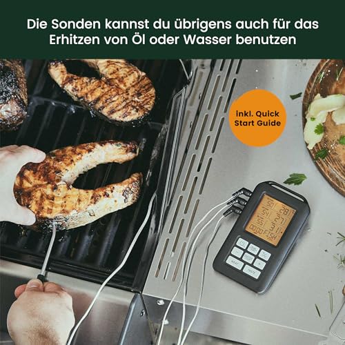 BURNHARD Funk Grillthermometer mit 4 Temperaturfühlern, 30m Reichweite, Digital Braten-Thermometer für Grill & Backofen, Timer, BBQ Thermometer, Grillzubehör für Fleisch & Fisch