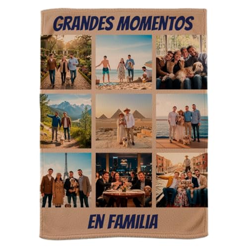 DEREGALOOS Manta Personalizada con Fotos. Manta Polar Ultrasuave 120×160 cm. Regalo Original para Familia, Mamá, Papá o Mascotas. Dia del Padre, Dia de la Madre (Collage 9 Fotos)