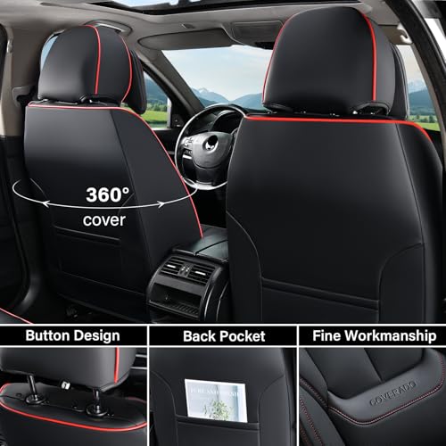 Image of Coverado Universal Seat Covers Front, 2-Pack Universal Seat Covers for Cars, Waterproof Nappa Leather Car Seat Covers with Head Pillow, Auto Protectors Fit for Most Sedans Pick-up Truck-Black&Redline