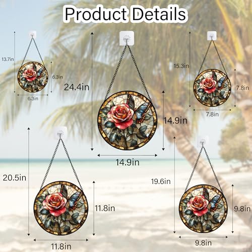 Image of Stained Glass Window Hanging, Red Rose Black Butterfly Suncatcher for Doors Home Sun Catchers Decoration and Christmas, Mother's Day Birthday Gifts for Women, Men, and Mom 6.3x6.3 in