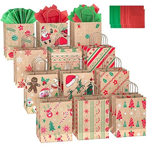 Christmas Kraft Paper Gift Bags, Reusable Christmas Treat Bags with Assorted Christmas Prints Designs, Tissue Paper, Handle, for Holiday Cookie Candy Party Favor Supplies Decor (12 Design 24 Pcs) Cover