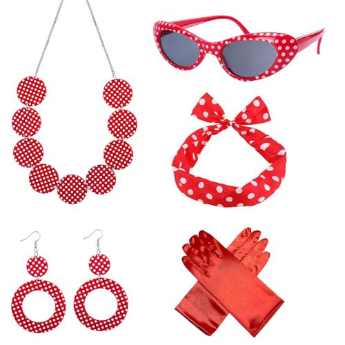 Kinwers Disfraz Grease Mujer,5 piezas Disfraces Años 50 60 incluir Bandana Collar Pendientes Gafas Guantes,Rockera Niña para Retro Fiesta Cosplay (Rojo)
