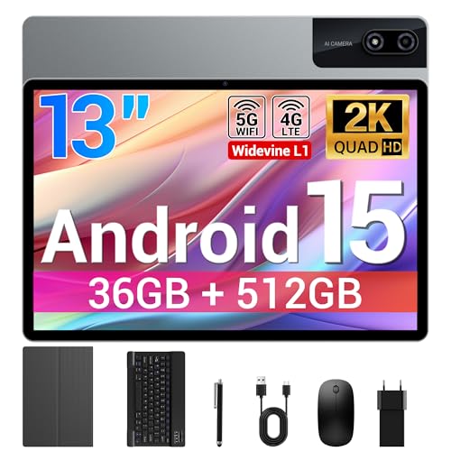 BEYNIVAN Tablet13 Pollici Android 15 tablet con 4G LTE/5G WiFi,36GB RAM+512GB ROM+1TB Espansione,2944x1840 FHD+, Gemini AI,11580mAh,13MP+8MP,BT 5.0/GPS/Split-Screen/Face ID/Tab con Tastiera,Grigio