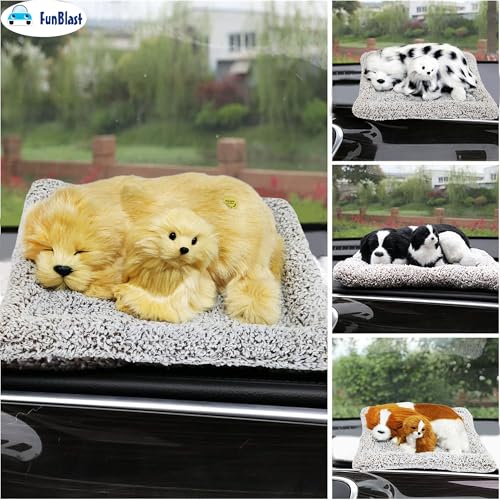 Image of FunBlast Sleeping Cute Dog with Puppy - Realistic Soft & Lifelike Pet Puppy with Bed for Car Dashboard and Home Decor, Sleeping Dog Soft Toy (Brown-White)