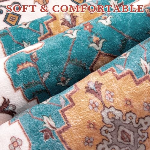 SERISSA Boho 8x10 Area Rugs Orange, Washable Vintage Large Living Room Rug Non-Slip, Ultra Soft Oriental Print Distressed Farmhouse Carpet for Dining Room Bedroom Dorm Office Home Decor