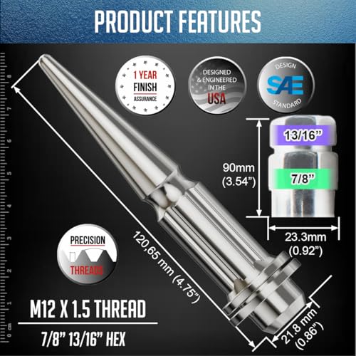 Image of Wheel Accessories Parts 24 Pcs M12x1.5 12x1.5 Thread ET Spline Spike 4.75 inch Long Chrome Truck Spline Hex Fits Toyota Tacoma