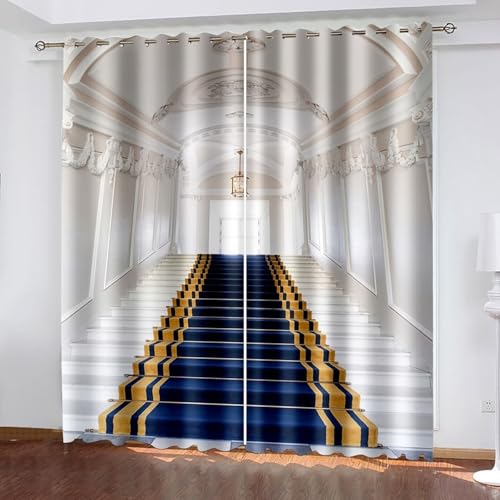Cortinas vintage para dormitorio, color blanco, beige, azul oscuro, 2 unidades, poliéster, escalera arquitectónica, retro, 183 x 137 cm