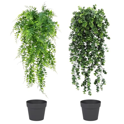 Image of HSHTAM 2 PCS Artificial Hanging Plants 75 cm, Hanging Plant with Pots for Indoor Outdoor Home Decor Wall Patio Shelf and Office Decoration Green Artificial Decoration Wall Plants