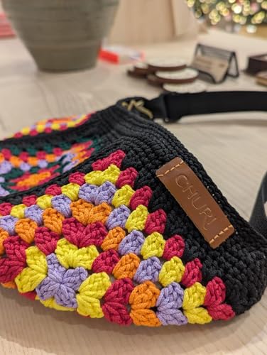 Image of Churi Handmade Checkered Crochet Tote Bag - Boho Shoulder Purse for Women, Summer Beach & Travel (Black)