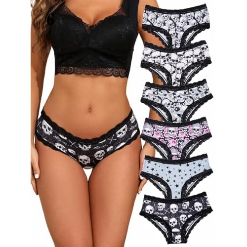 Morvia 6pcs Women Underwear Gothic Sexy Halloween Skulls Roses Allover Print Contrast Lace Hipsters Panties Small 6pcs Skull & Stars Print