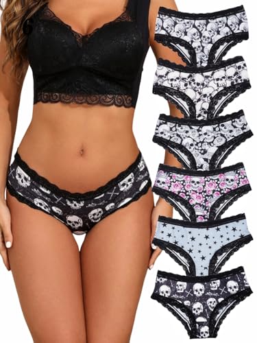Morvia 6pcs Women Underwear Gothic Sexy Halloween Skulls Roses Allover Print Contrast Lace Hipsters Panties 6pcs Skull & Stars Print XXL