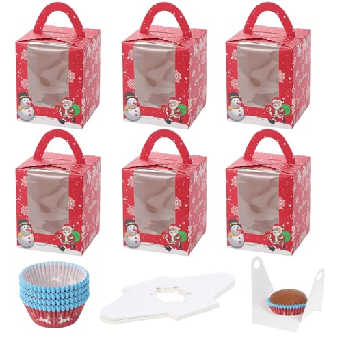 Coolty 50pcs Cupcake Boxes 1 Holes Cardboard Packaging Boxes Bakery Pastry Boxes with Handle Window and Inserts for Cookies Muffins Cupcakes Desserts Pies (Red Christmas Style)