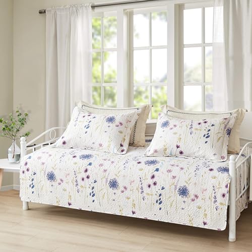 Image of Twin Daybed Cover Set Floral Daybed Bedding 3 Piece Reversible Cozy Day Bed Cover Double Sided Quilt Bedding Purple Flower DayBed Comforter All Season for Twin Bed with 2 Standard Shams,39 inchx75 inch