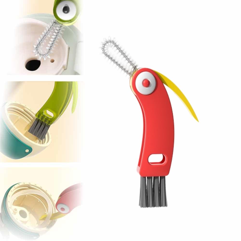 3 in 1 Multifunctional Crevice Cleaning Brush Set - Portable Cup Lid Cleaner for Baby Bottle Gap Tight Spaces (Red)