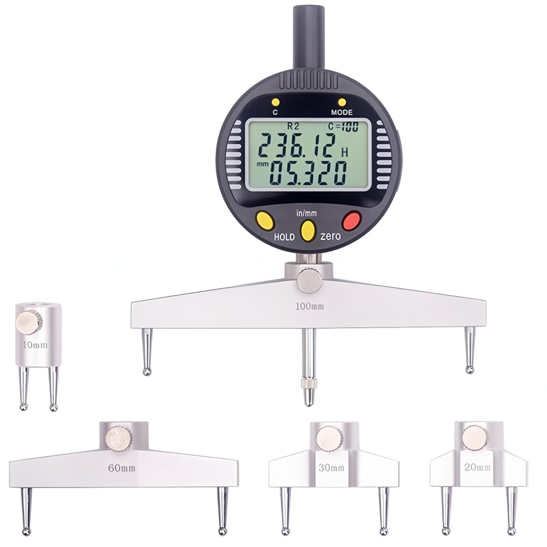 Multi-functions digital radius gauge digital radius indicator Measurement Tool with 10/20/30/60/100mm changeable measuring jaw（Measured diameter range