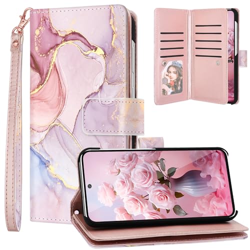 Fingic Samsung Galaxy S24 Case Wallet for Women Girls[with 9 Card Holders] Marble Rose Gold PU Leather Detachable Wrist Strap Full Body Slim Shockproof Flip Phone Case for Samsung Galaxy S24,6.2”,2024
