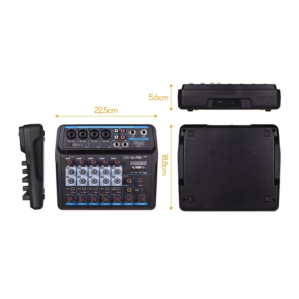 U6 - Mini mezclador musical de 6 canales, mezclador de audio BT USB, consola de mezcla con tarjeta de sonido integrada Phantom de 48 V
