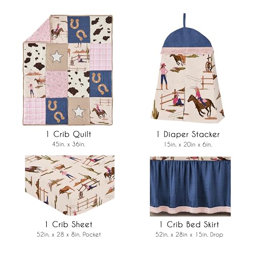 Image of Sweet Jojo Designs 4-Piece Baby Crib Bedding Set (Western Cowgirl) for Girls, Infants /Nursery incl. Blanket, Fitted Sheet, Skirt, Diaper Stacker (Wild West, Cow Print, Vintage, Bandana, Patchwork)