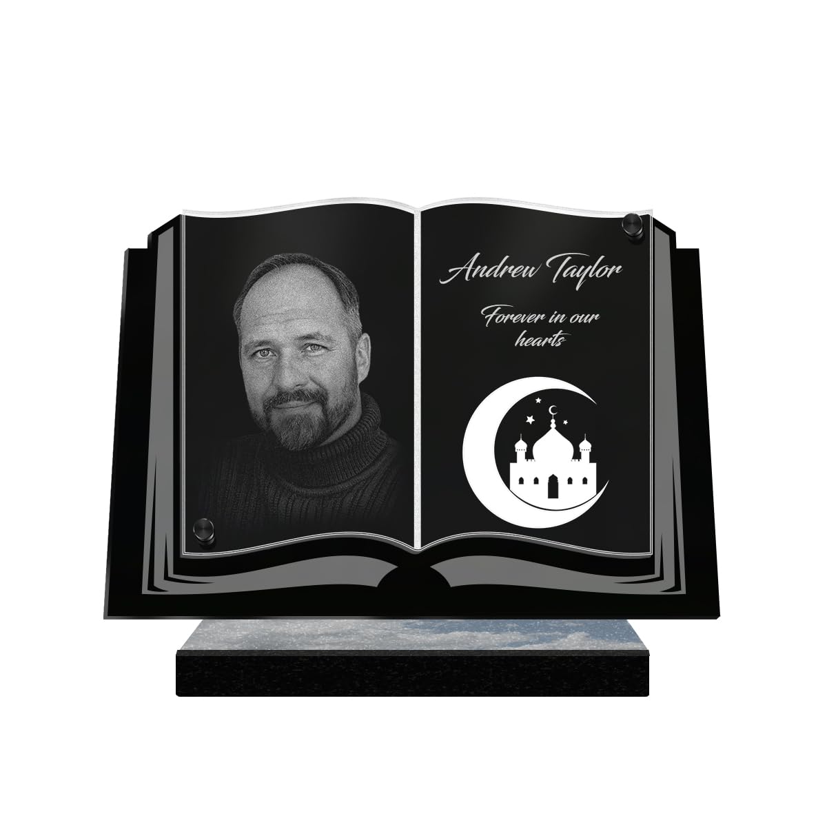 ETERNEL - Personalized Funeral Plaque Book Islam Customizable Photo and Text, laser-engraved funeral plaque for tribute, cemetery plaque, mortuary, ceremony, burial