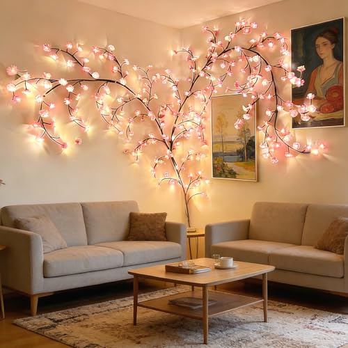 Cherry Blossom Vine Lights for Wall,72 LED Tree Branch Light, Cherry Enchanted Willow Vine Lights for Bedroom with USB Powered and 8 Lighting Modes for Indoor Window Wall Wedding (Sakura 63IN)
