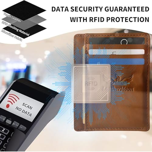 Slim Minimalist RFID Blocking Front Pocket Leather Wallet for Men and Women, Credit Card Holder with ID Window, Ample Storage, Compact Design, CARAMEL3