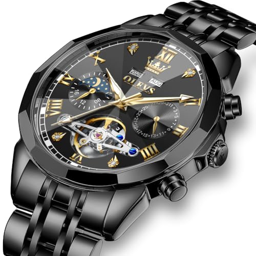 Image of OLEVS Automatic Watches for Men Business Dress Mechanical Watch Stainless Steel Waterproof Self Winding Classic Date Luxury Diamond Skeleton Men Wristwatch