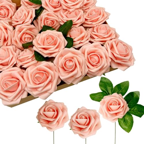 RCZ Dcor Artificial Peach Pink Foam Roses with Stems & Leaves - Pack of 50 Perfect for Wedding Centerpieces Event Decor DIY Bouquets and More