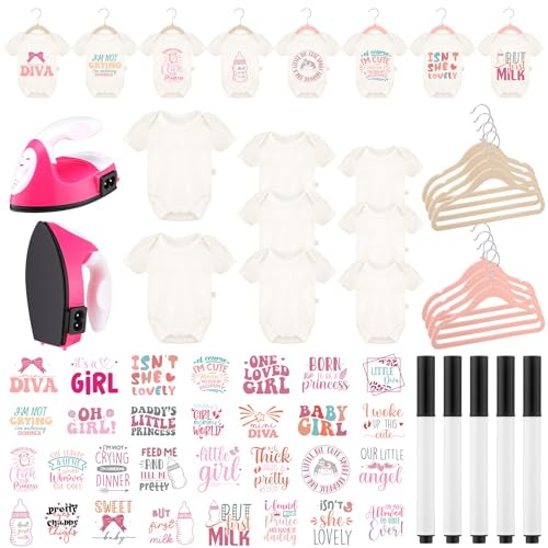 Funnysoft 53 Pcs Baby Shower DIY Bodysuit Game Set 8 Blank White Bodysuits 2 Mini Irons 30 Iron on Transfers 8 Velvet Hangers 5 Markers for Baby Shower Gender Reveal Party Supplies