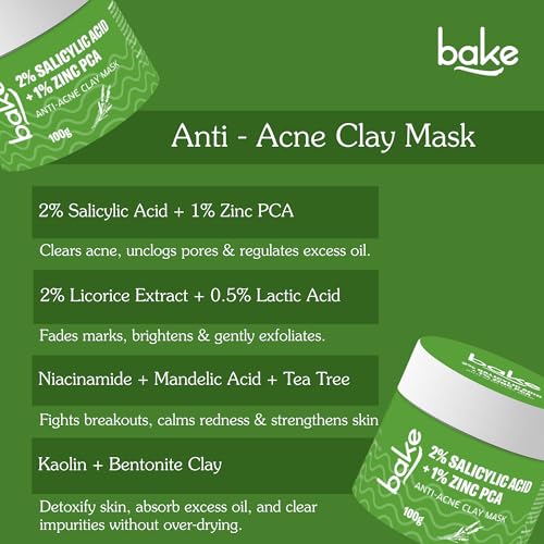 Image of BAKE 2% Salicylic Acid Clay Mask Niacinamide for Acne Prone, Oily Skin, Open Pores & Blackheads | Anti Acne Clay Mask with Kaolin Clay | For Dark Spots, Oily Skin & Blemishes - 100g (Anti Acne)
