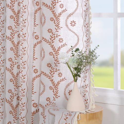 Image of Schweek Boho Floral 63 Inches Long Semi Sheer Curtains 2 Panels for Bedroom | Semi Sheer Linen Rustic Floral, Vintage Farmhouse Farmhouse Vintage Printed Window Curtain for Bedroom, Kitchen 52 inchx 63 inch