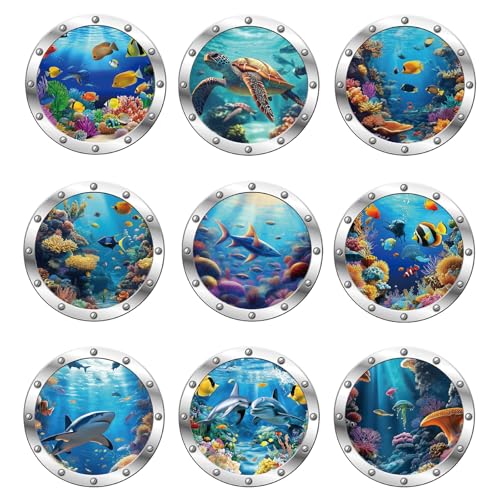 PLIGREAT 3 feuilles Ocean Stickers Muraux, Stickers muraux 3D Ocean World, Stickers muraux en vinyle Animaux sous-marins Décoration murale pour chambre Salle...