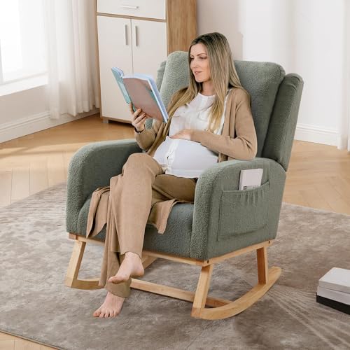 Image of HCHAIRH Rocking Chair Nursery, Teddy Nursing Rocking Chairs, Upholstered Nursery Glider Rocker for Mom Nursery Morden Accent Rocking Chair with Lumbar Pillow for Living Room,Bedroom, Green