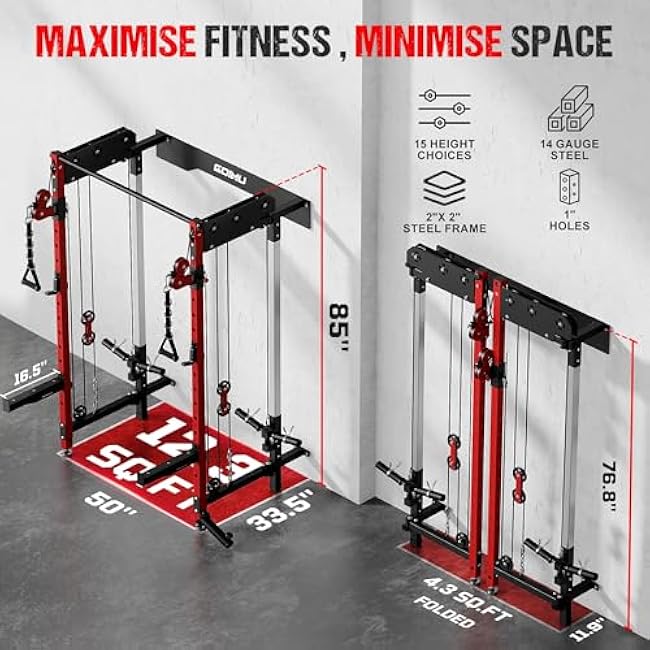WM3-V4 Folding Squat Rack, Wall Mounted Power Rack with Dual Independent Pulley System, Functional Trainer with 5 Adjustable Function Modes for Space Saving Home Gym