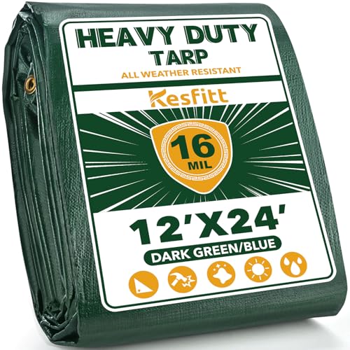 Kesfitt 16 Mil Heavy Duty Waterproof Tarp with Metal Grommets Dark Green & Blue Reversible Poly Tarp 12x24 ft for Outdoor Protection Yard Garden Farm Camping & Equipment Coverage