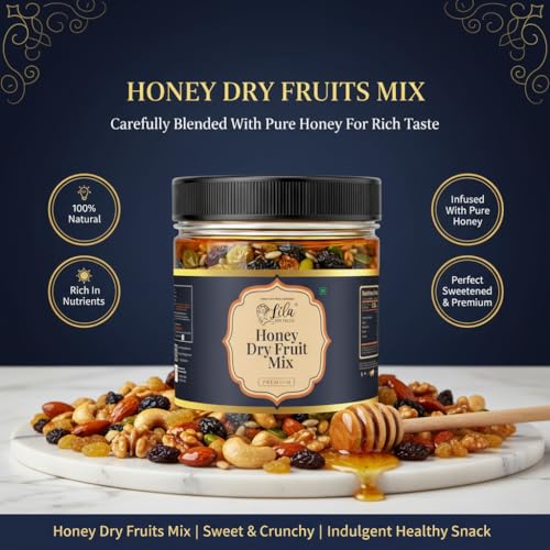 Image of LILA DRY FRUITS Honey Dry Fruits Mix 100 gms with Cashew Almond Pista Raisins Dates Walnuts Pumpkin & Sunflower Seeds | Sweet Honey Coated Nuts & Seeds Healthy Snack Combo Perfect for Gifting