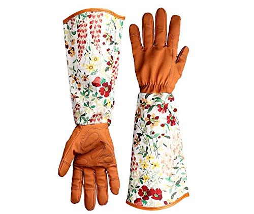 Preisvergleich Produktbild Dornensichere Leder-Gartenhandschuhe, Blumenmuster-Ärmel, Gartenhandschuhe, lange Arme, Arbeitshandschuhe für Frauen