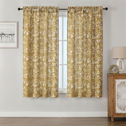 Image of Chyhomenyc Linen Blend Window Curtains 63 Inch Length 2 Panels, Light Filtering Floral Printed Curtain Drapes for Living Room, Rod Pocket Soft Bedroom Curtain Panels, 38Wx63L Inch, Gold